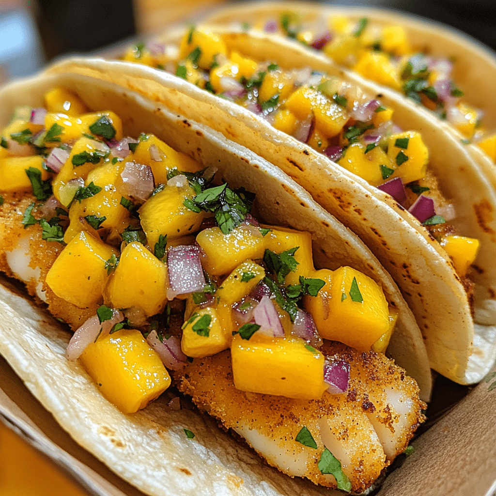 Crispy Cod Fish Tacos with Mango Salsa & Chipotle Crema