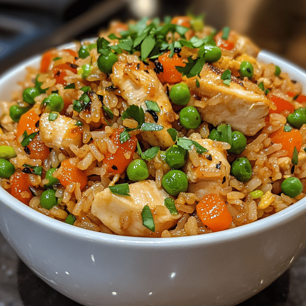 Savory Chicken Fried Rice with Crispy Vegetables and Aromatic Herbs