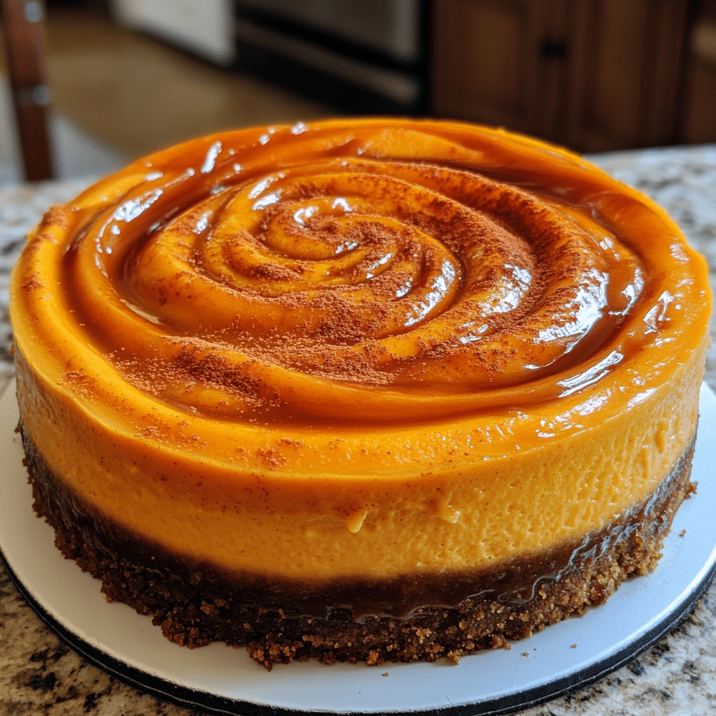 Spiced Pumpkin Cheesecake with Caramel Swirl