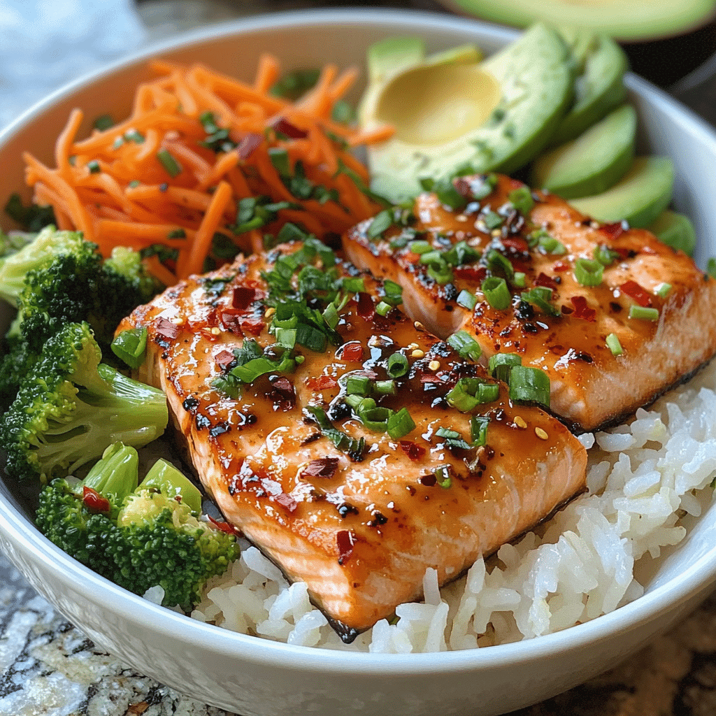 Savory Salmon Rice Bowl with Fresh Veggies and Zesty Sauce